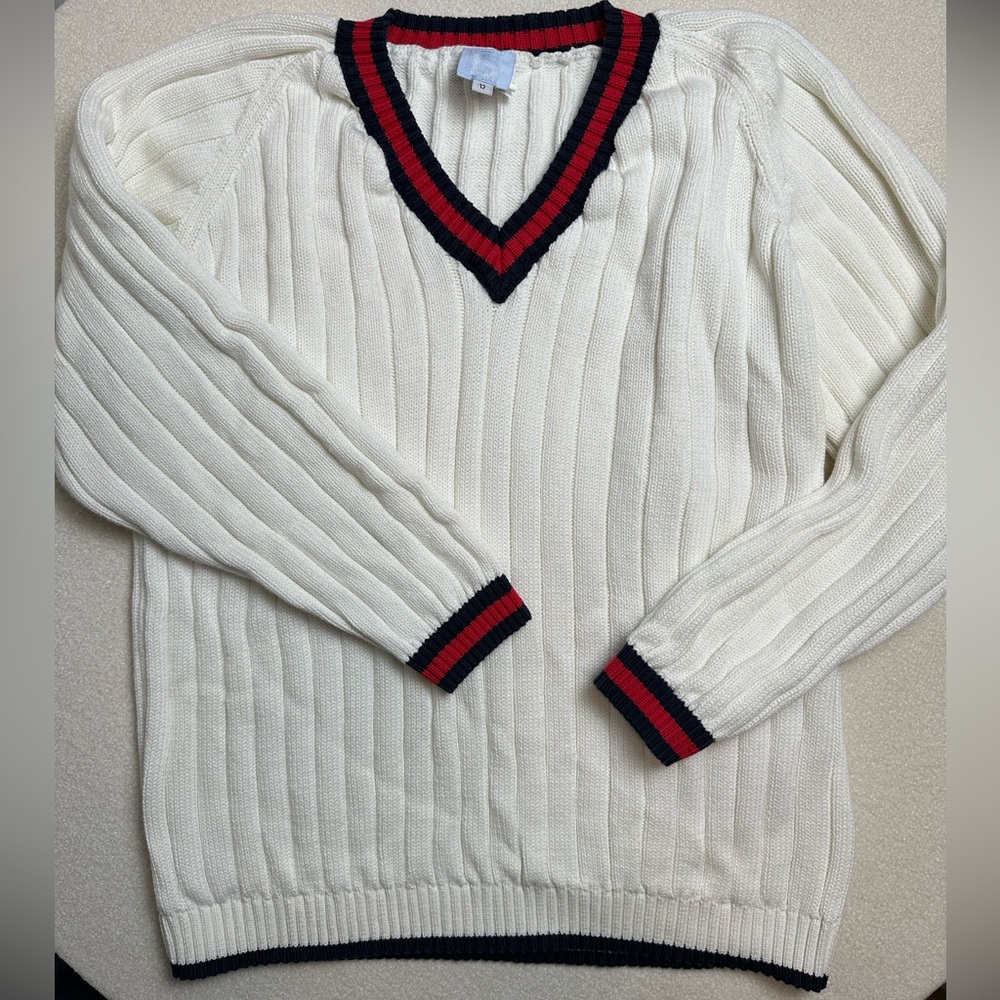 Bella Bliss Sweater | Chunky Rugby Pullover Size 12 Cream with Red & Navy Trim